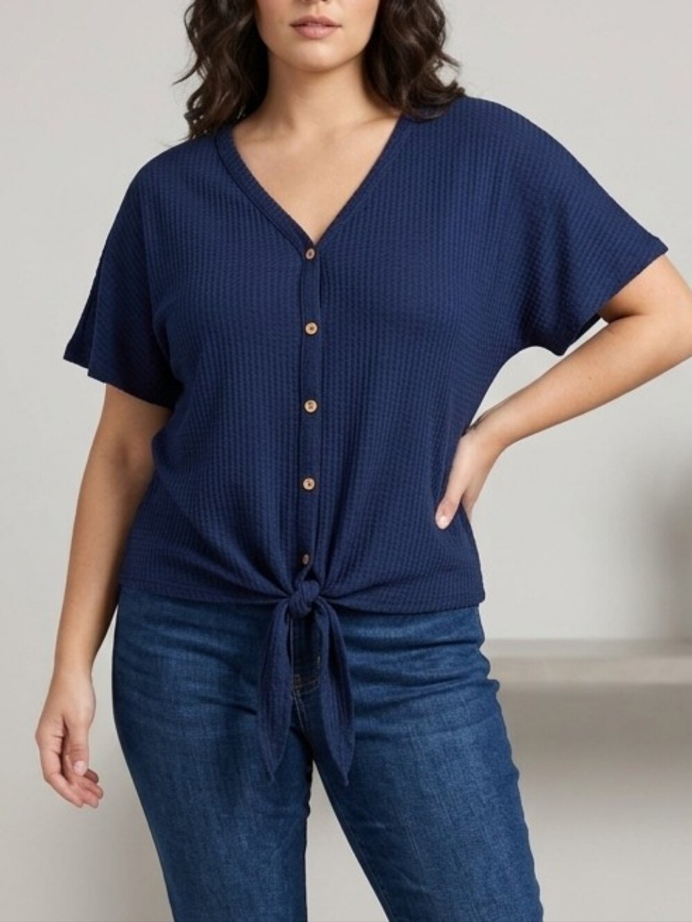 Waffle Knit Button-Front Tie Hem Top in Navy Plus Size 1X